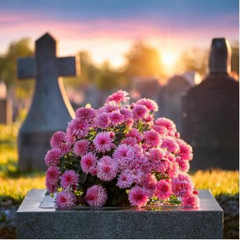 Bouquet rond, de fleurs rosées au centre d'une tombe de marbre